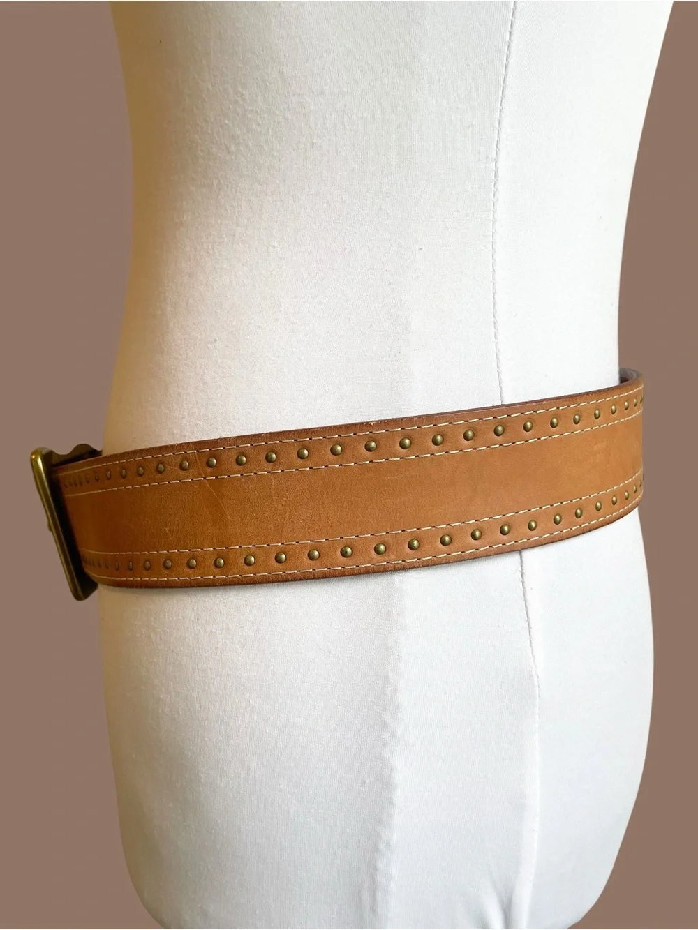 Wide Brown Leather Belt with Square Brass Buckle 90s Size S/M
